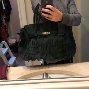 Dark green suede fringe bag made in Italy
